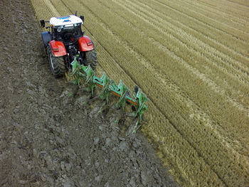 High angle view of working in field