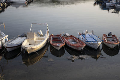 High angle view of boats moored at lake