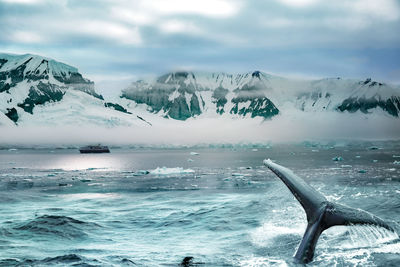 Scenic view of sea and snowcapped mountains against sky