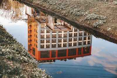 High angle view of building by lake