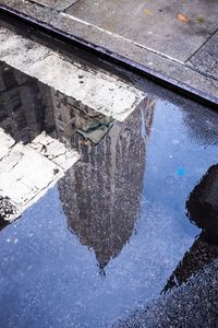 Reflection of building in puddle on street