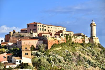 Buildings in town against sky