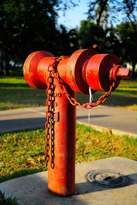 Close-up of red fire hydrant in park