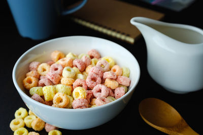 High angle view of breakfast on table