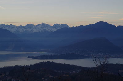 Scenic view of lake and mountains at sunset