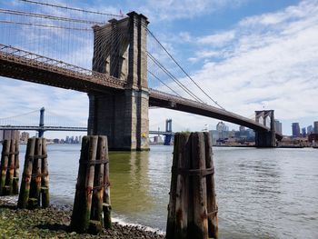 Suspension bridge over river against sky