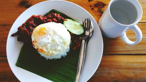 High angle view of breakfast in plate on table