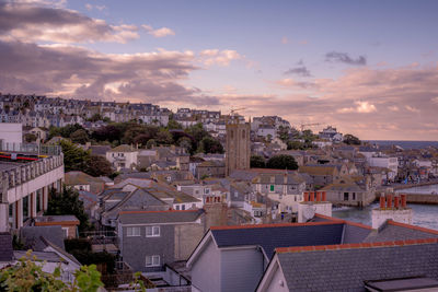 High angle view of townscape against sky at sunset