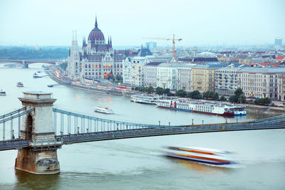 Bridge over river against buildings in city