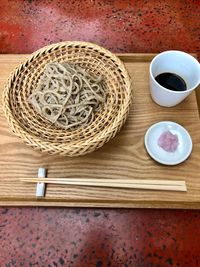 High angle view of breakfast on table