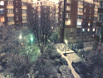 High angle view of illuminated city during winter