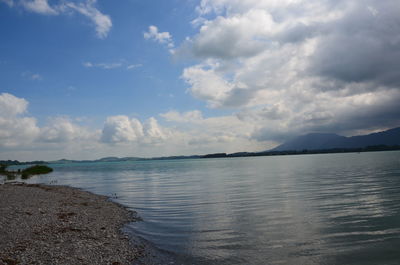 Scenic view of sea and mountains against sky