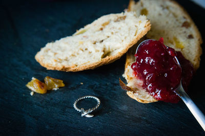 Close-up of jam on toast