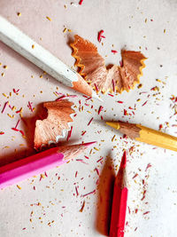 High angle view of multi colored pencils on table