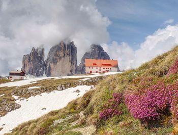 Dreizinnenhutte, italy. tourist chalet and restaurant with gorgeous view to tre cime di lavaredo.