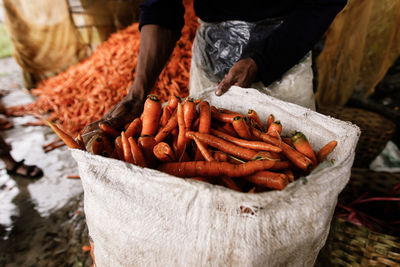 High angle view of man holding carrots