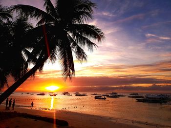 Silhouette palm trees on beach against sky during sunset