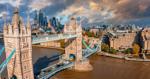 Aerial panoramic cityscape view of the london tower bridge