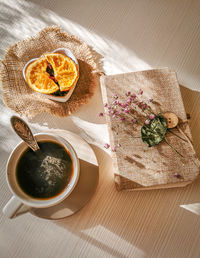 High angle view of breakfast on table