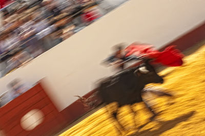 Blurred motion of man riding motorcycle