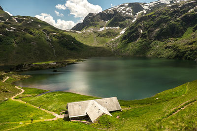 Scenic view of lake and mountains against sky