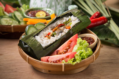 Close-up of food served on table