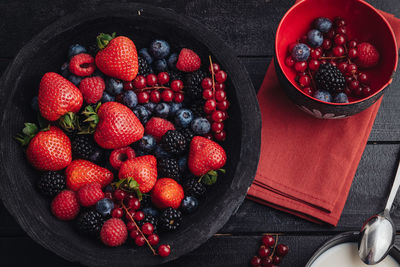 High angle view of strawberries in bowl on table