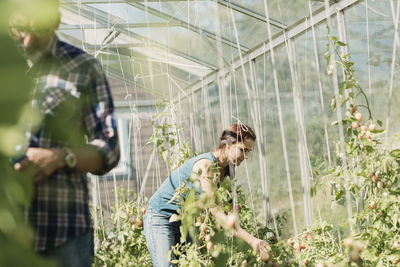 Young couple standing in greenhouse