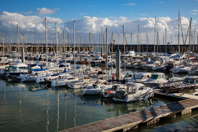 Sailboats moored at harbor against sky