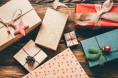 High angle view of christmas presents on table