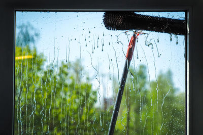 Close-up of wet glass window in rainy season