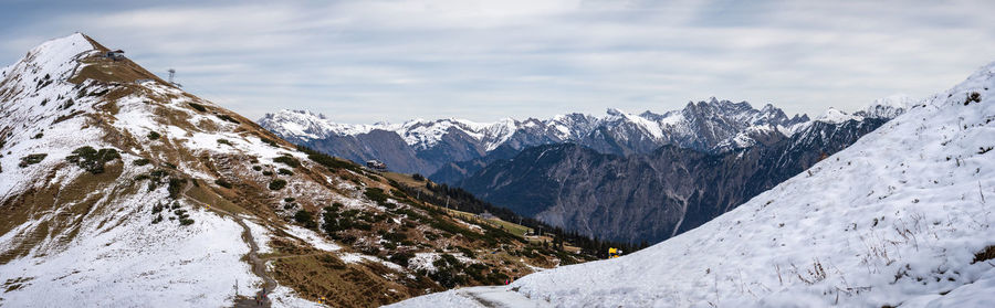 Scenic view of snowcapped mountains against sky