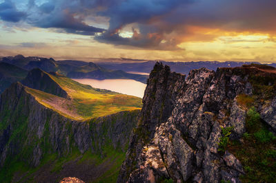 Scenic view of mountains against sky during sunset