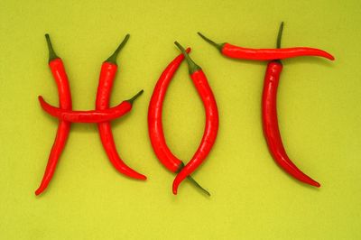 High angle view of red chili over white background