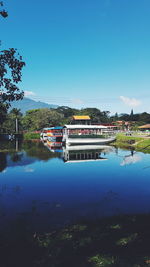 Bridge over river against clear blue sky