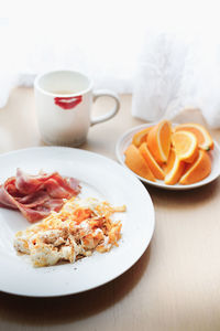 High angle view of breakfast served on table