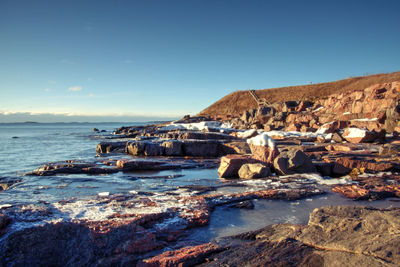 Scenic view of sea against clear sky during winter