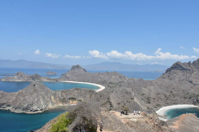 Panoramic view of sea and mountains against blue sky