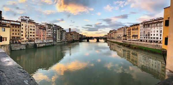 Canal amidst buildings against sky during sunset