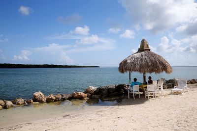 People sitting under thatched parasol at beach