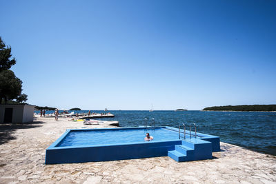 Scenic view of sea against clear blue sky