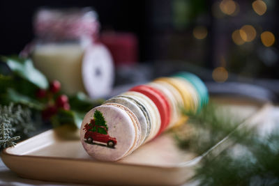 Close-up of christmas decorations on table