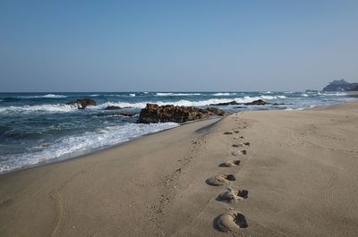 Scenic view of beach against clear sky