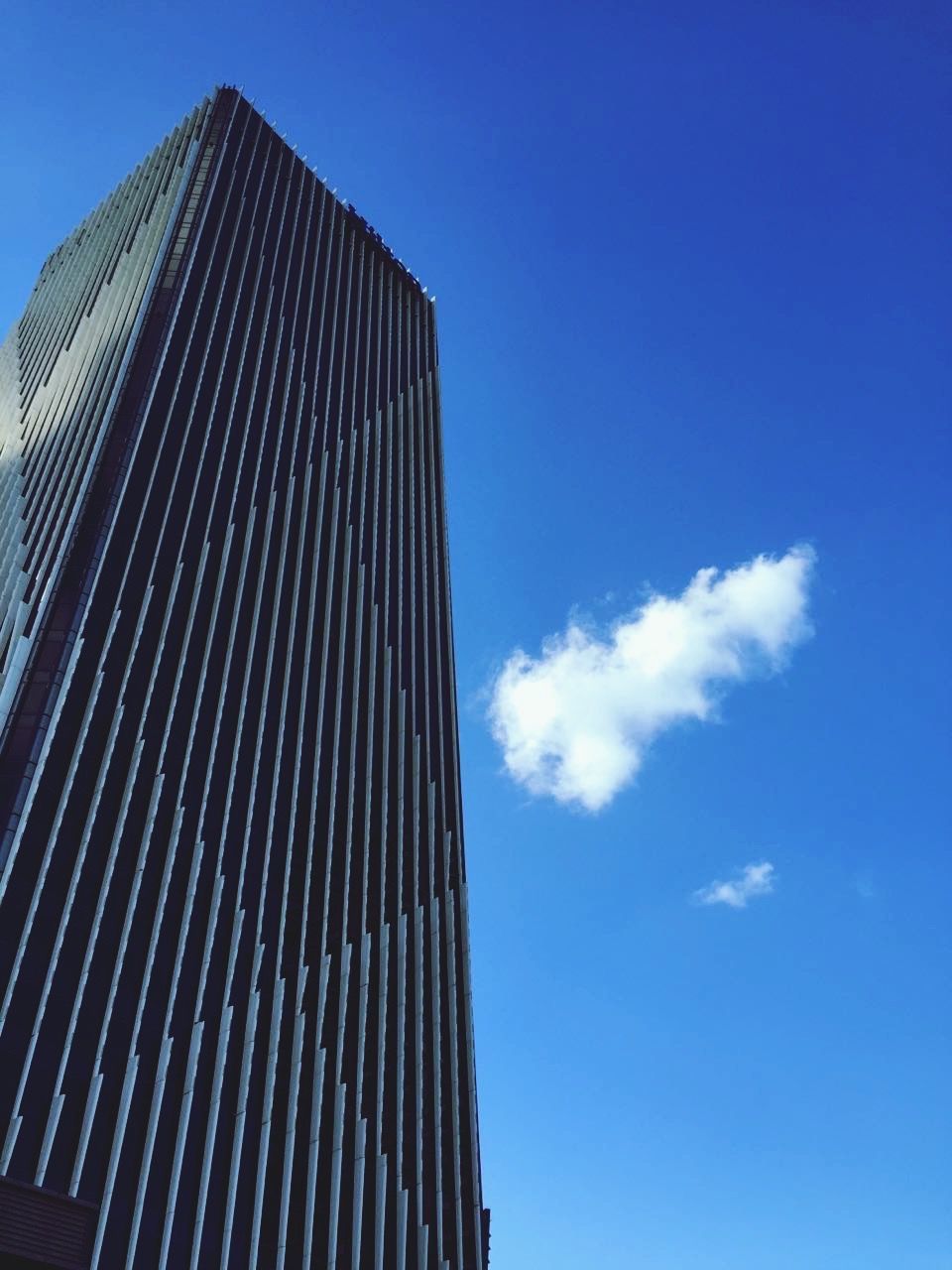 building exterior, architecture, low angle view, built structure, modern, blue, office building, skyscraper, tall - high, city, tower, clear sky, sky, building, day, outdoors, no people, tall, glass - material, copy space