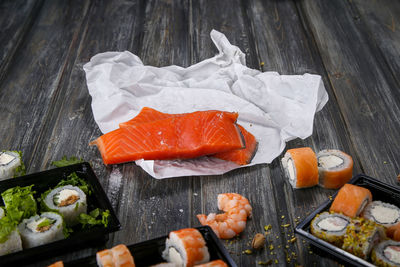 High angle view of sushi on table