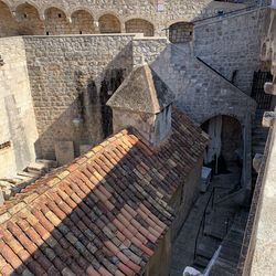 High angle view of old roof and building