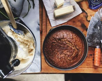 High angle view of cake in pan on table