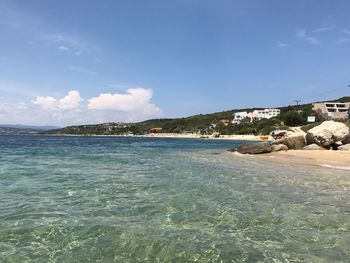 Scenic view of sea against blue sky