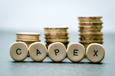 Close-up of text and coins on table against white background