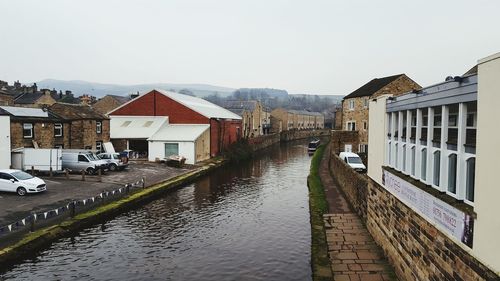 Houses by water against sky